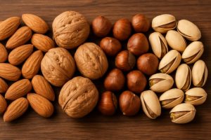  ترکیبی زیبا از بادام، گردو، فندق و پسته تازه روی سطح چوبی – نمایش تنوع خشکبار طبیعی